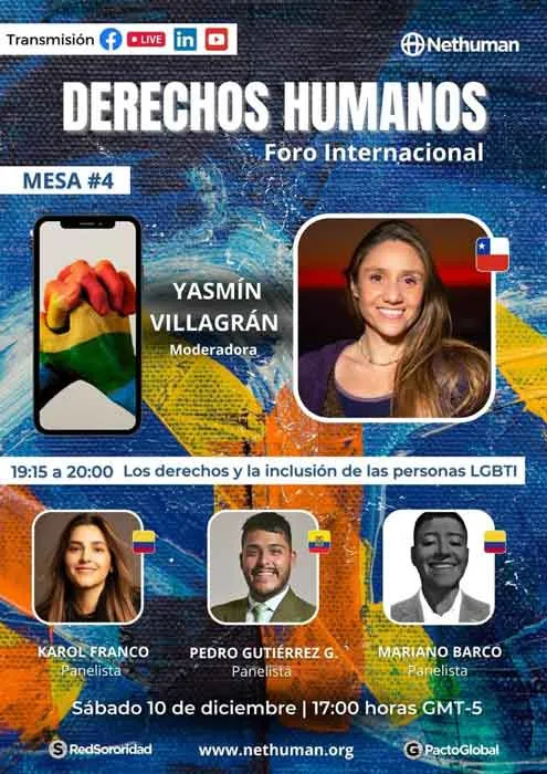 Afiche de la mesa 4 del Foro Internacional «Derechos Humanos» sobre los derechos y la inclusión de las personas LGBTI, con cuatro panelistas