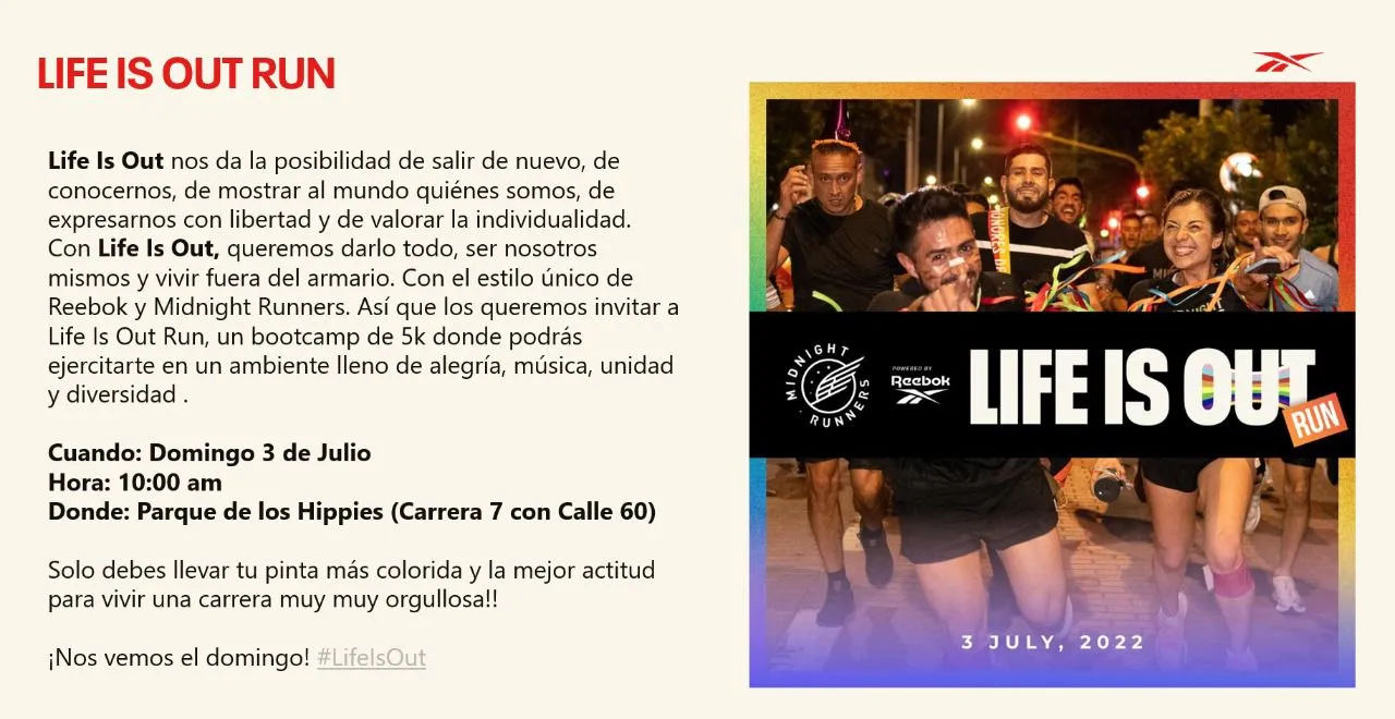 Afiche de la carrera «Life Is Out Run» de Reebok, del 3 de julio de 2022 en el Parque de los Hippies, con corredores bajo luces de colores