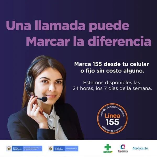 Afiche de la Línea 155 con una operadora con diadema y el mensaje «Una llamada puede marcar la diferencia», disponible las 24 horas