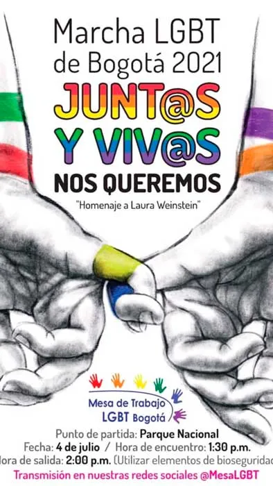 Afiche de la Marcha LGBT de Bogotá 2021 «Junt@s y viv@s nos queremos», con manos y un hilo de colores del arcoíris, en homenaje a Laura Weinstein
