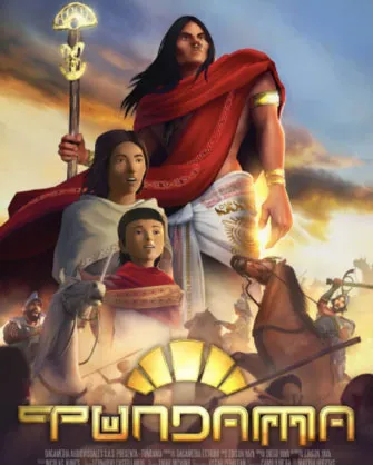 Afiche ilustrado de la película «Tundama» con guerreros muiscas y un cacique con manto rojo