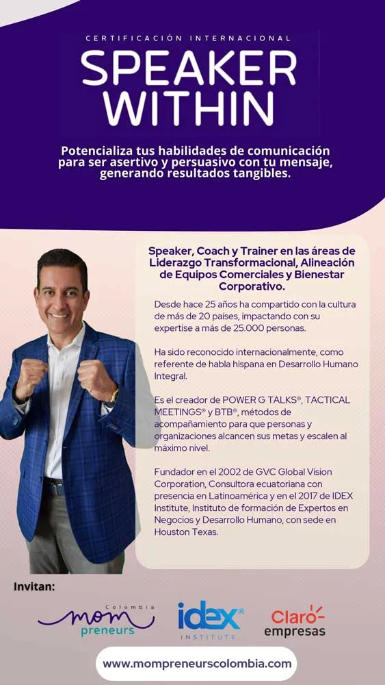 Afiche «Speaker Within» con la foto y biografía de un speaker de traje azul, con logos de IDEX y Claro Empresas