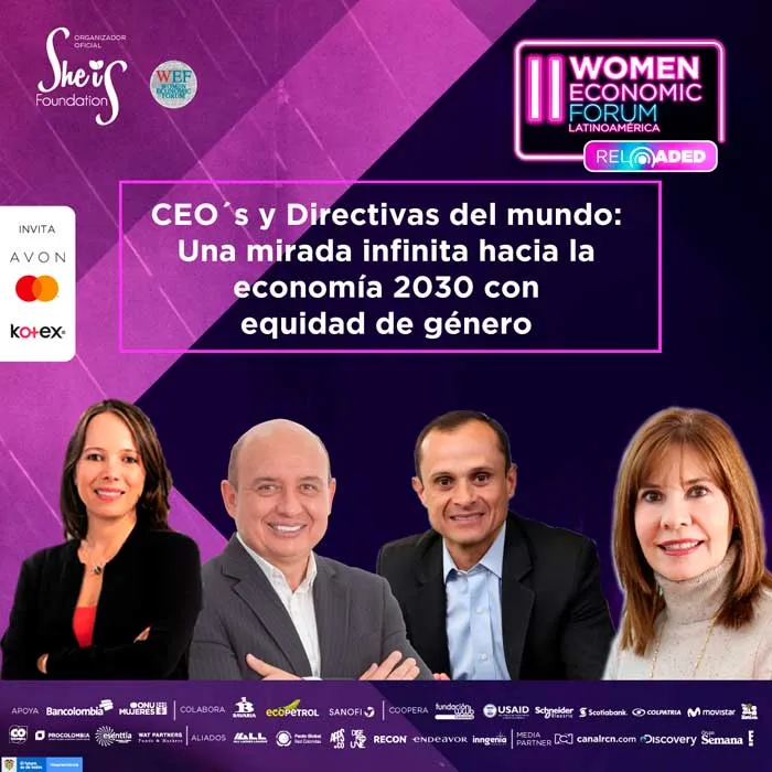 Afiche del Women Economic Forum con cuatro panelistas y el tema «CEO's y Directivas del mundo: una mirada hacia la economía 2030»