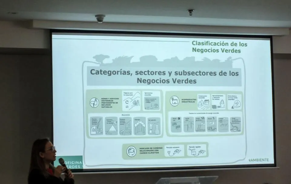 Ana Karina Quintero, del Ministerio de Ambiente, habla con micrófono frente a una diapositiva sobre categorías de los negocios verdes