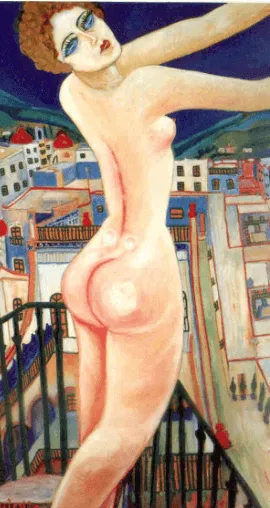 Autorretrato pintado de Nahui Olin: mujer desnuda de pie sobre una escalera con edificios de colores al fondo