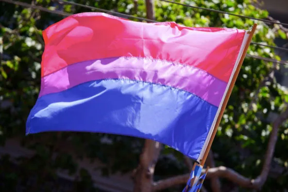 Bandera bisexual de franjas rosada, morada y azul ondeando entre árboles