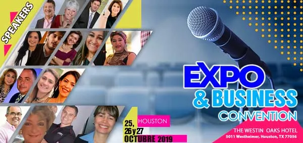 Banner de oradores de la «Expo & Business Convention» en Houston, del 25 al 27 de octubre en The Westin Oaks Hotel