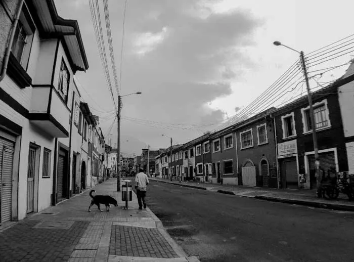 Calle del barrio Santa Fe en Bogotá con un perro y un peatón a lo lejos, en blanco y negro