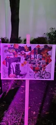 Cartel con un collage sobre un poste, con una bicicleta, en un jardín iluminado de rosa de noche