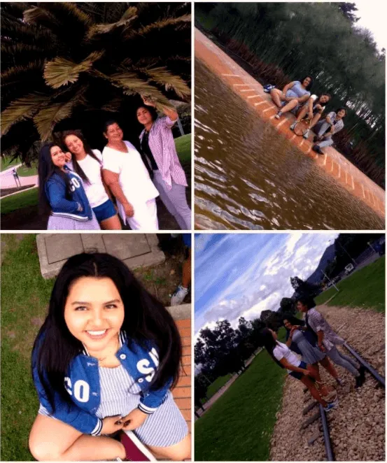 Collage de cuatro fotos de mujeres posando en un parque