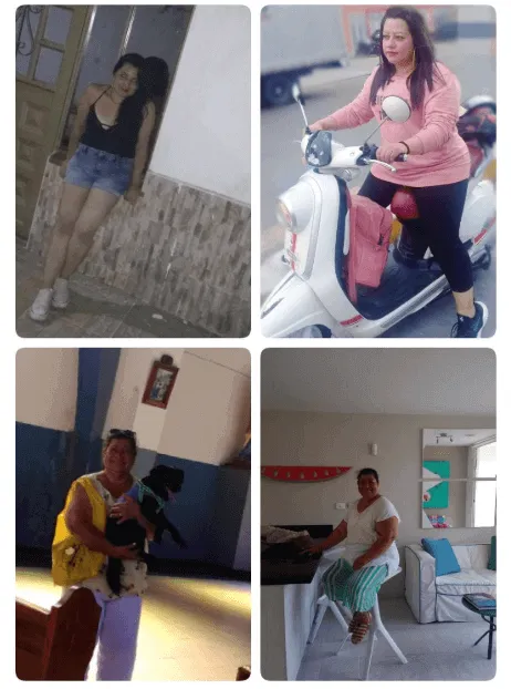 Collage de cuatro fotos de una mujer en su día a día: caminando, en moto, tocando la guitarra y en casa