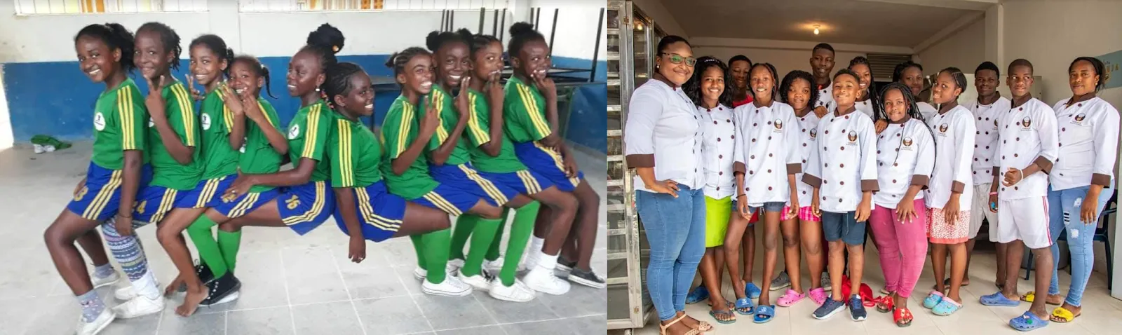 Collage de dos fotos: niñas con uniforme verde sentadas en fila y un grupo con uniformes blancos de cocina