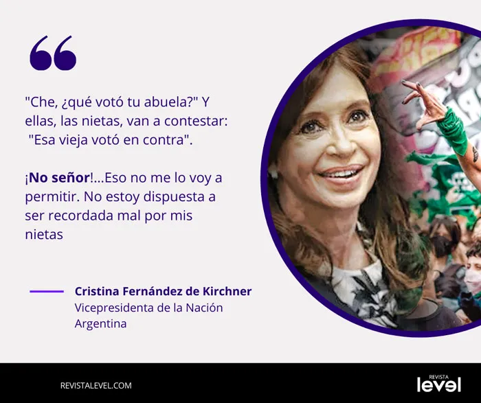 Pieza gráfica de Revista Level con la cita de Cristina Fernández de Kirchner «No estoy dispuesta a ser recordada mal por mis nietas» y su retrato
