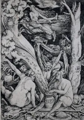 Grabado de Hans Baldung Grien (1510) con brujas reunidas en un aquelarre