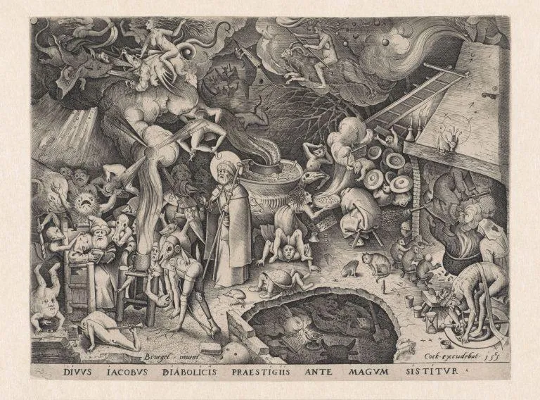 Grabado de Pieter Brueghel el Viejo (1565) con una escena de demonios y brujería, «Santiago y el mago Hermógenes»
