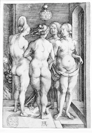 Grabado «Las cuatro brujas» (1497), de Alberto Durero: cuatro mujeres desnudas conversan bajo un arco