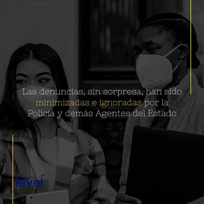 Gráfica de Revista Level con el texto «Las denuncias, sin sorpresa, han sido minimizadas e ignoradas por la Policía y demás Agentes del Estado»