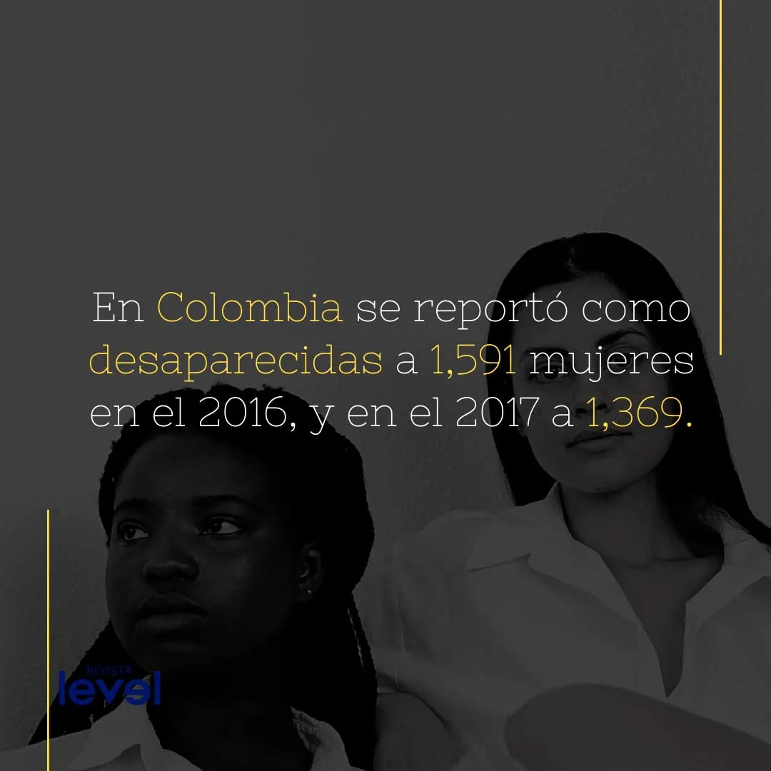 Gráfica de Revista Level con el dato de mujeres desaparecidas en Colombia: 1.591 en 2016 y 1.369 en 2017