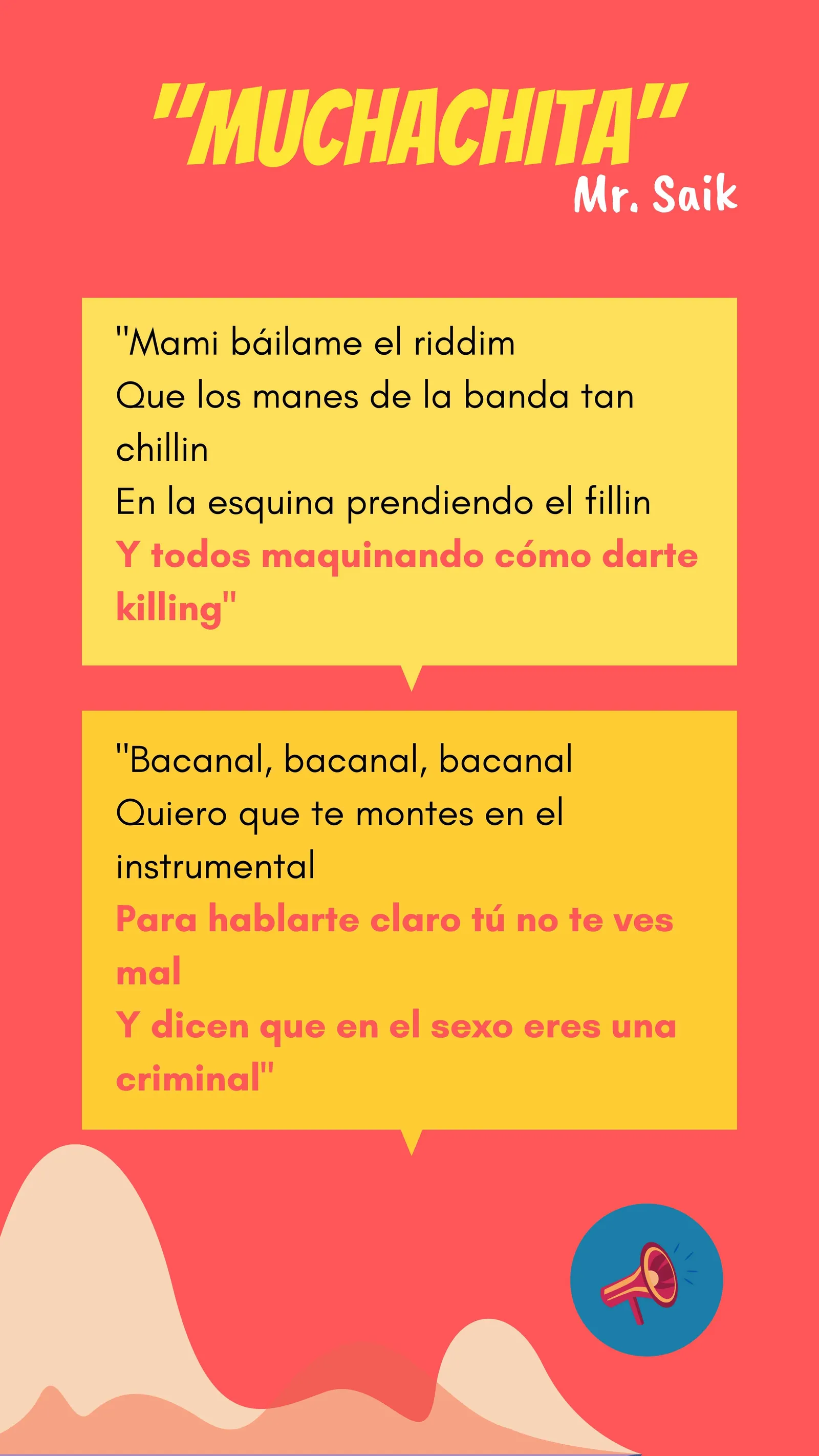 Gráfico rojo «Muchachita» de Mr. Saik con dos fragmentos resaltados de la letra de la canción