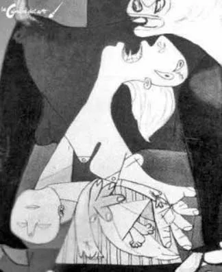Detalle del «Guernica» de Picasso con una mujer gritando que sostiene a un niño muerto