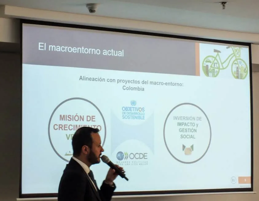 Guillermo Tejeiro habla con micrófono ante una diapositiva «El macroentorno actual» con los objetivos de desarrollo sostenible