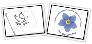 Ilustración de una bandera blanca con una paloma y una tarjeta con una flor azul y el texto «No me olvides»