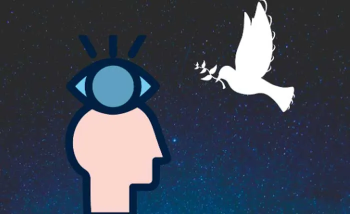 Ilustración de una cabeza con un ojo abierto y una paloma blanca con una rama de olivo, que representa el futuro