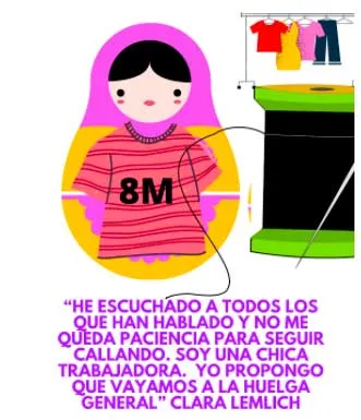 Ilustración de una matrioska «8M» con hilo y ropa colgada, con la cita de Clara Lemlich sobre la huelga general