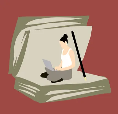 Ilustración de una mujer sentada con un portátil dentro de un libro abierto gigante, junto a un lápiz enorme, sobre fondo rojo