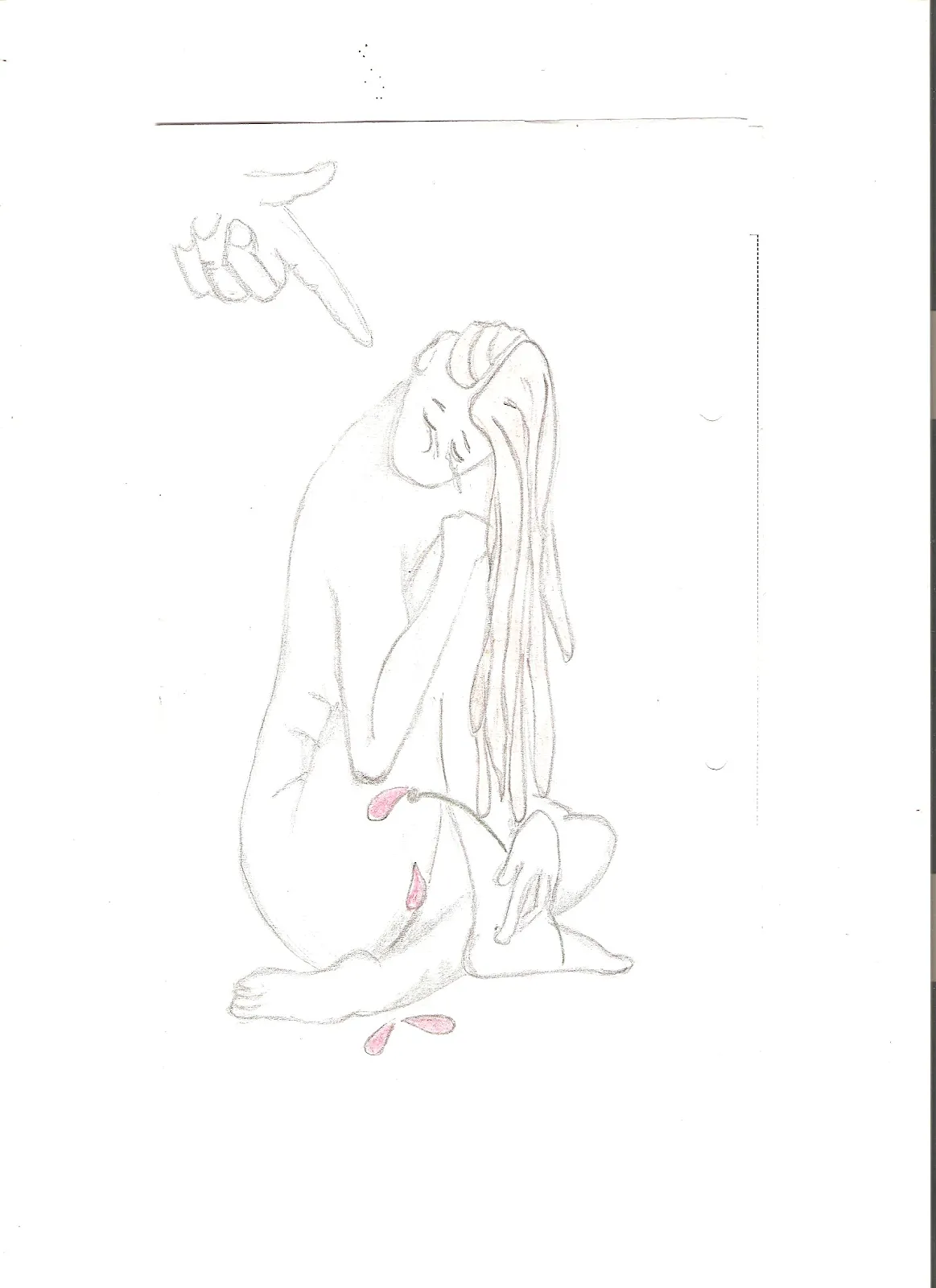 Ilustración lineal de una mujer sentada con la cabeza baja mientras una mano la señala desde arriba