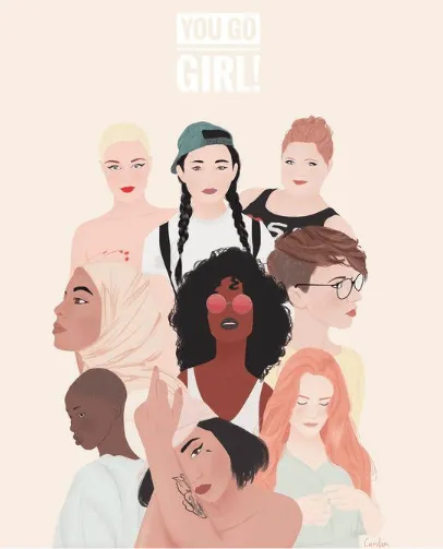 Ilustración de un grupo de mujeres diversas juntas bajo el texto «You go girl!»