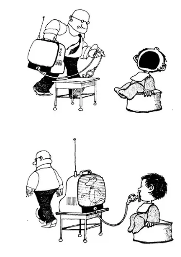 Ilustración en blanco y negro de un niño frente a un televisor conectado a su bacinilla