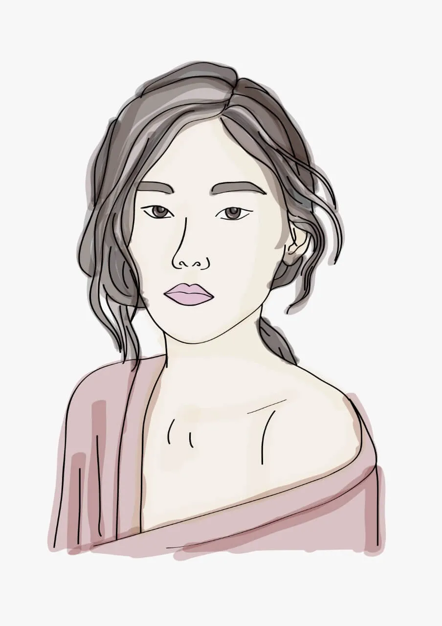 Ilustración de Rocío Méndez de una mujer joven de cabello recogido con un suéter rosa
