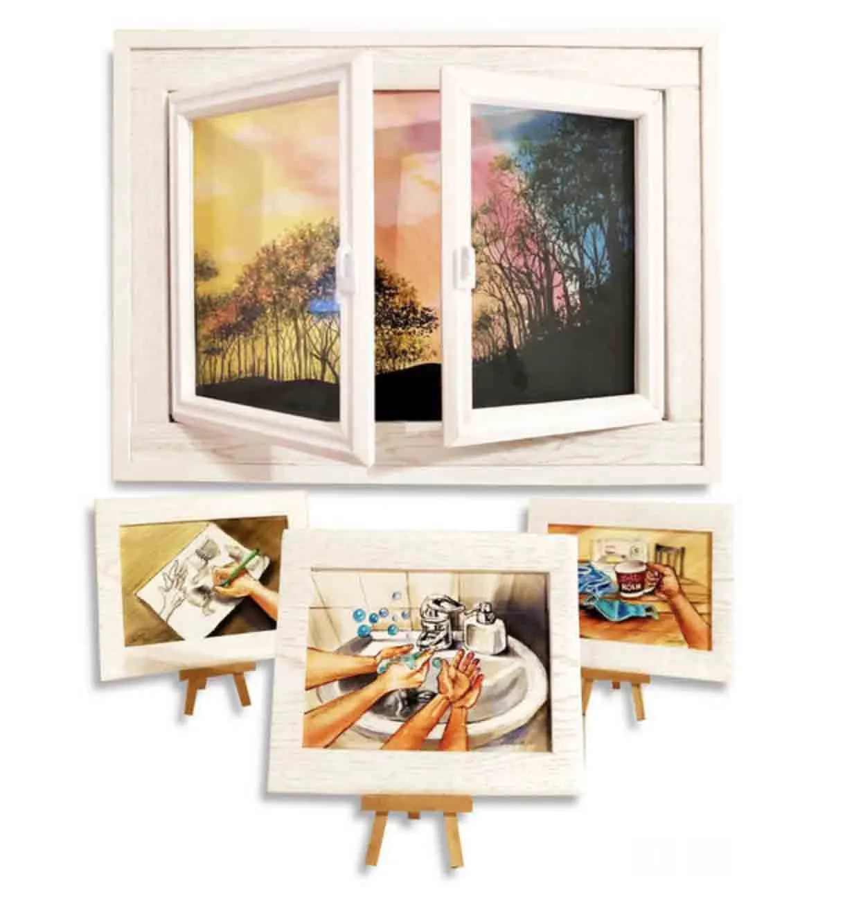 Ilustración de una ventana abierta con paisajes de árboles y pequeñas pinturas en caballetes