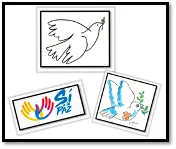 Ilustraciones de la paloma de la paz y carteles «Sí a la paz» con manos y ramas