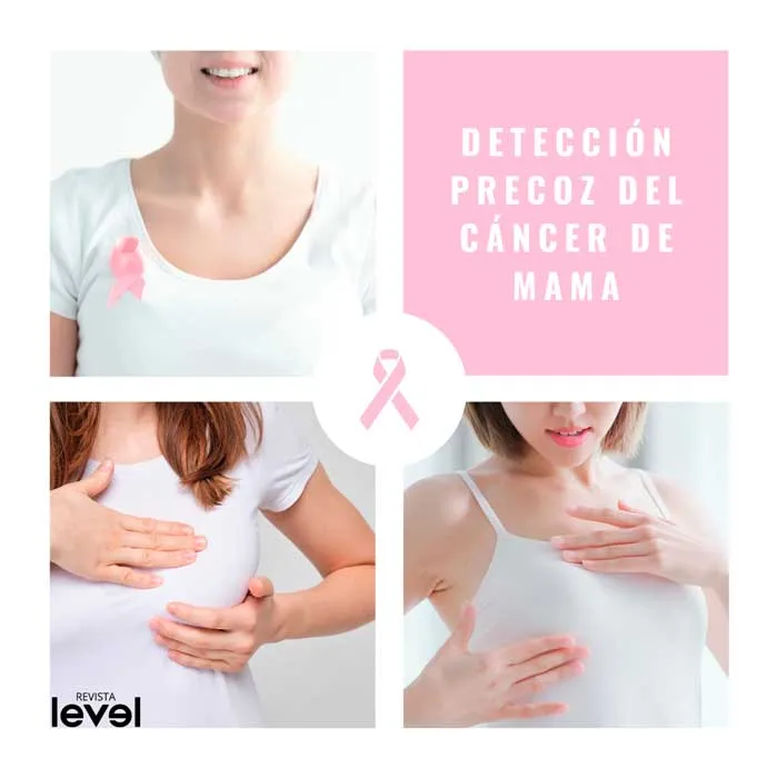 Infografía de Revista Level «Detección precoz del cáncer de mama» con tres fotos de autoexamen y un lazo rosa