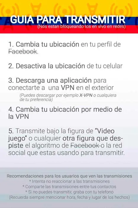 Infografía «Guía para transmitir» con cinco pasos para transmitir en vivo protegiendo la ubicación, con la bandera de Colombia arriba