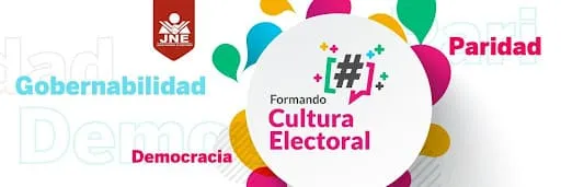 Logo de «Formando Cultura Electoral» del JNE, con las palabras Gobernabilidad, Democracia y Paridad