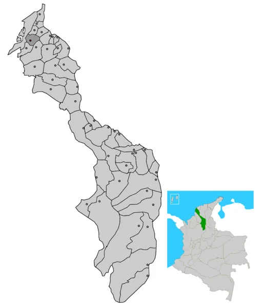 Mapa en gris de un departamento de Colombia con un recuadro que lo ubica dentro del país