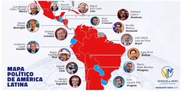 Infografía «Mapa político de América Latina» con los países de izquierda en rojo y los retratos de sus presidentes