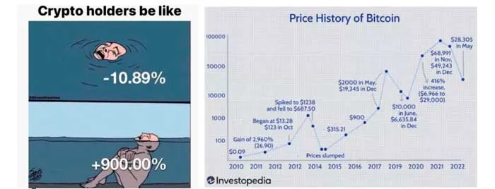 Meme «Crypto holders be like» junto a un gráfico del historial de precios de Bitcoin de Investopedia
