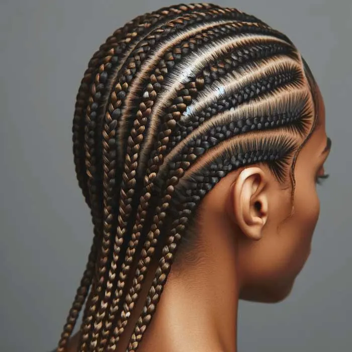 Mujer de espaldas y de perfil con trenzas pegadas al cuero cabelludo (cornrows) en un estilo de rayas