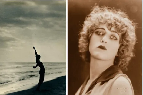 Dos fotografías antiguas de Nahui Olin: una silueta con el brazo en alto en una playa y un retrato de perfil con cabello rizado
