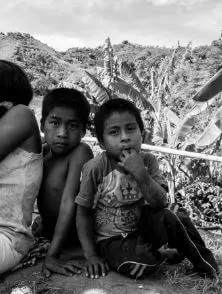 Niños sentados al aire libre entre matas de plátano, en blanco y negro