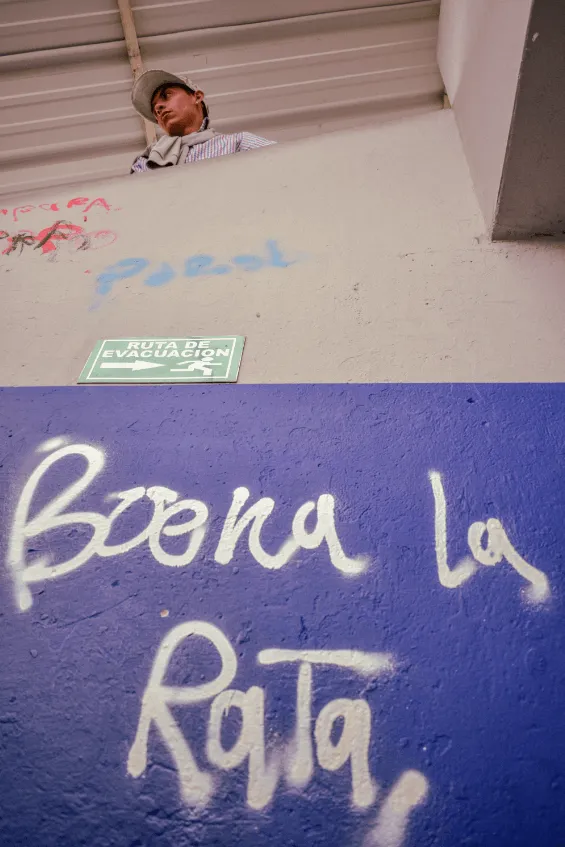 Pared azul y blanca con la pintada «Boona la Rata» y una persona asomada en lo alto