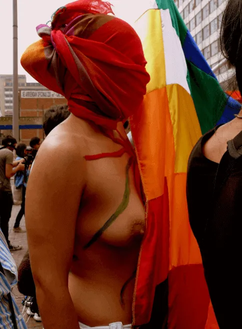 Persona con la cabeza envuelta en un pañuelo rojo y el torso pintado, junto a una bandera multicolor en una marcha