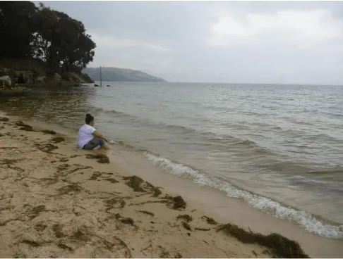 Persona sentada sola en la orilla de una playa mirando el agua en un día nublado