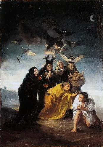 Pintura «Las brujas» (1798), de Francisco de Goya: mujeres alrededor de un hombre con figuras voladoras en la noche