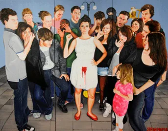 Pintura de una mujer con vestido blanco manchado de sangre, rodeada de un grupo que la señala y se cubre el rostro