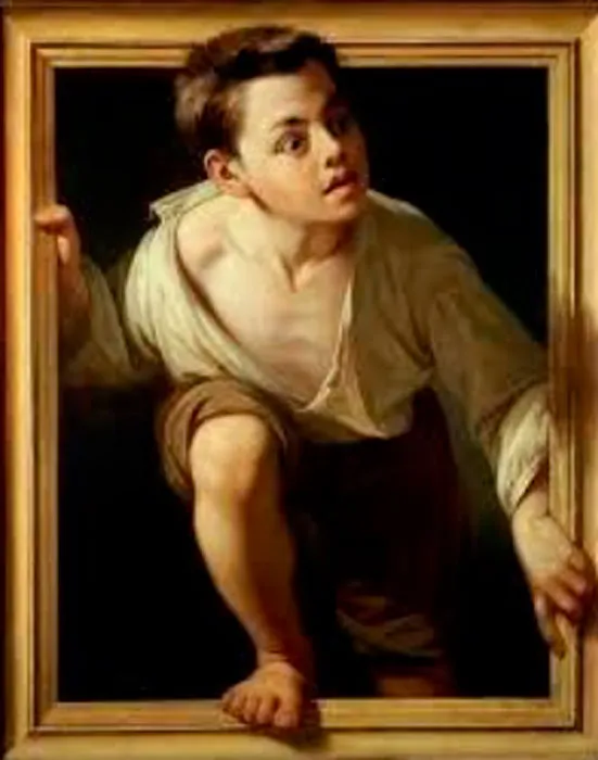 Pintura de un niño que sale trepando de un marco dorado hacia el espectador, ejemplo de trampantojo